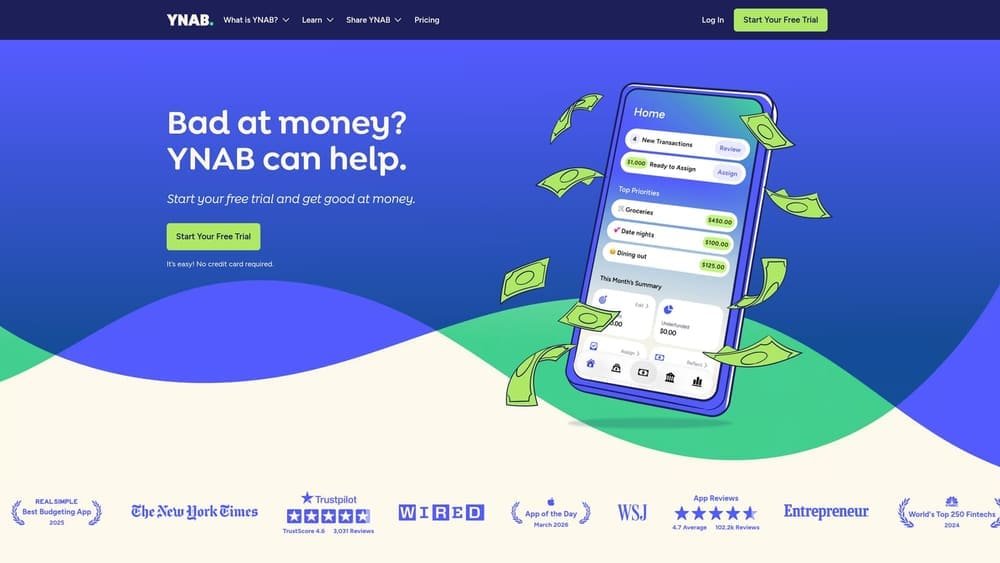 Screenshot of YNAB (You Need a Budget) website